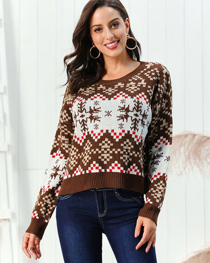 Snowflake Pattern Round Neck Sweater Chestnut