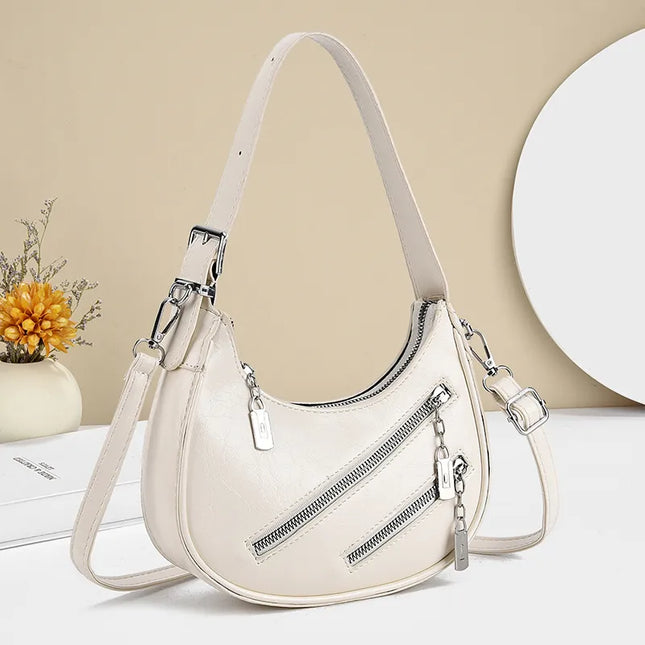 Diagonal Zipper Leather Shoulder Bag 