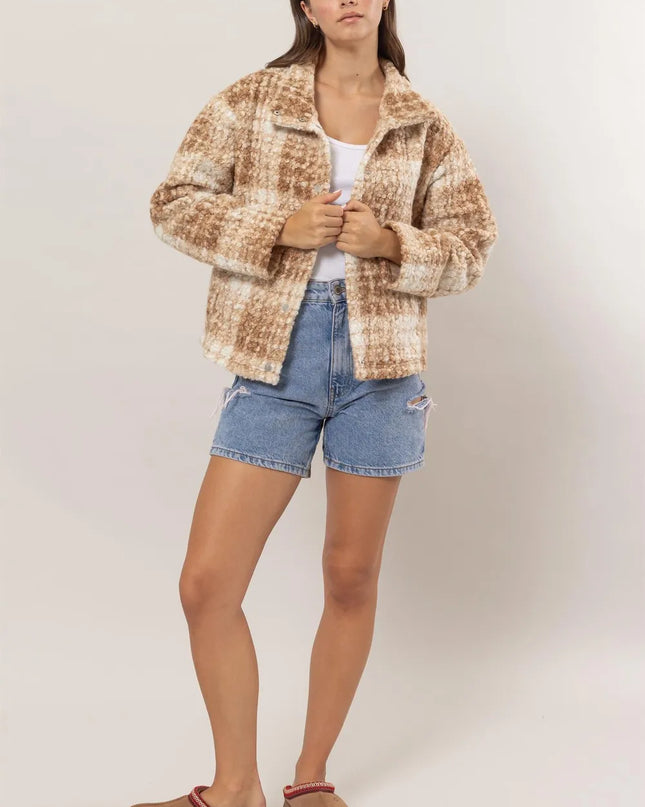 HYFVE Plaid Collared Neck Boucle Jacket with Pockets