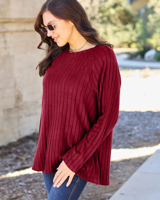 Basic Bae Full Size Ribbed Round Neck Long Sleeve Knit Top