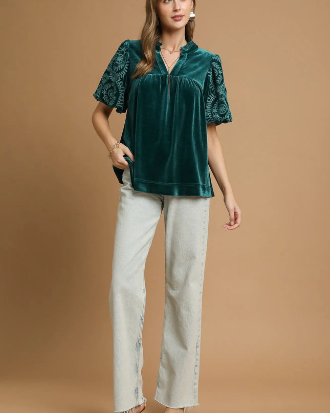 Umgee Velvet Embroidered Sleeve Blouse