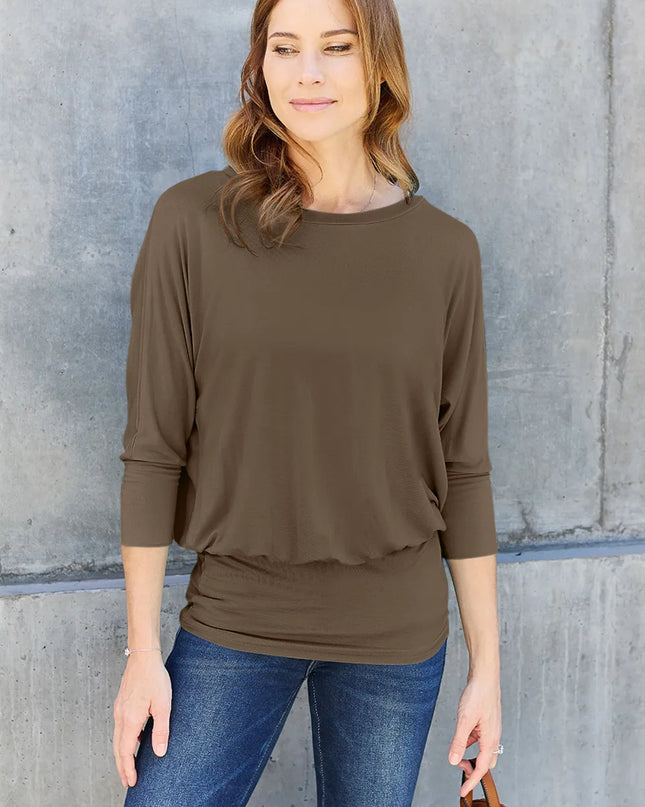 Basic Bae Full Size Round Neck Batwing Sleeve Top Brown