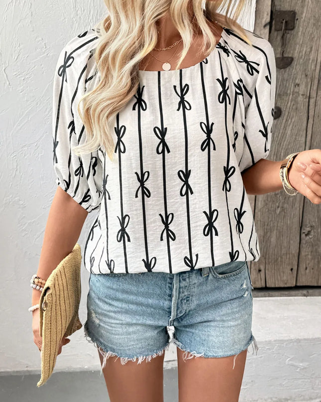 Bow Print Puff Sleeve Casual Blouse 