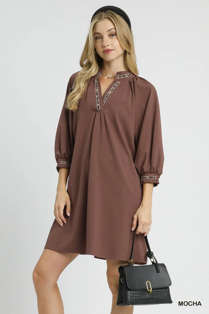 Umgee Notched Shift Dress with Trim Detail Mocha