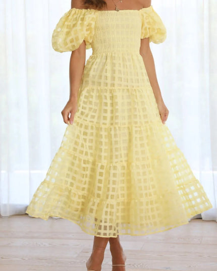 Off Shoulder Short Puff Sleeve Midi Dress Yellow