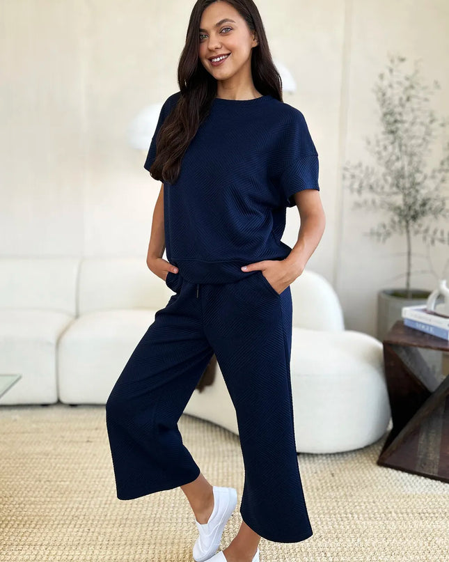 Double Take Full Size Texture Short Sleeve Top and Pants Set