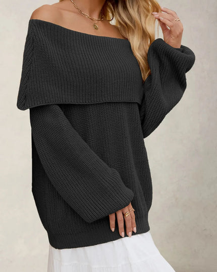 Fold-Over Collar Long Sleeve Sweater Black