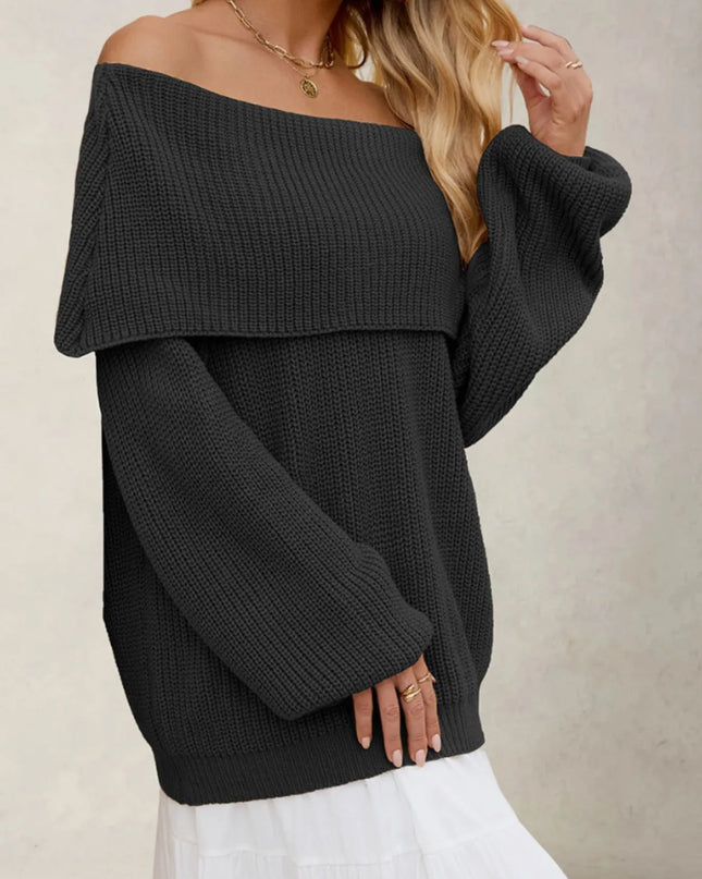 Fold-Over Collar Long Sleeve Sweater Black