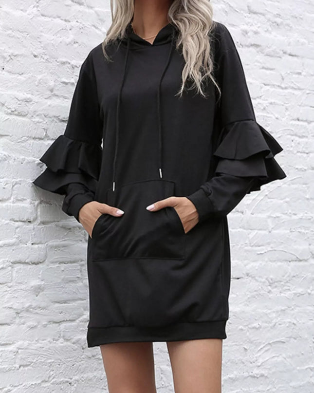 Ruffled Drawstring Long Sleeve Hooded Dress