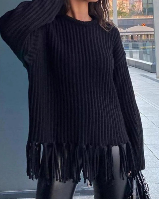 Fringe Round Neck Long Sleeve Sweater