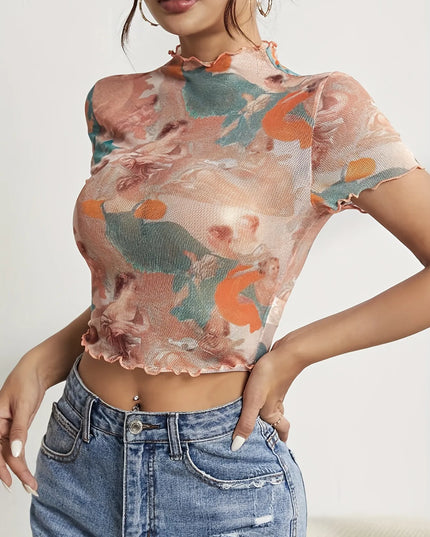 Abstract Print Ruffled Mock Neck Crop T-Shirt