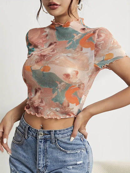 Abstract Print Ruffled Mock Neck Crop T-Shirt