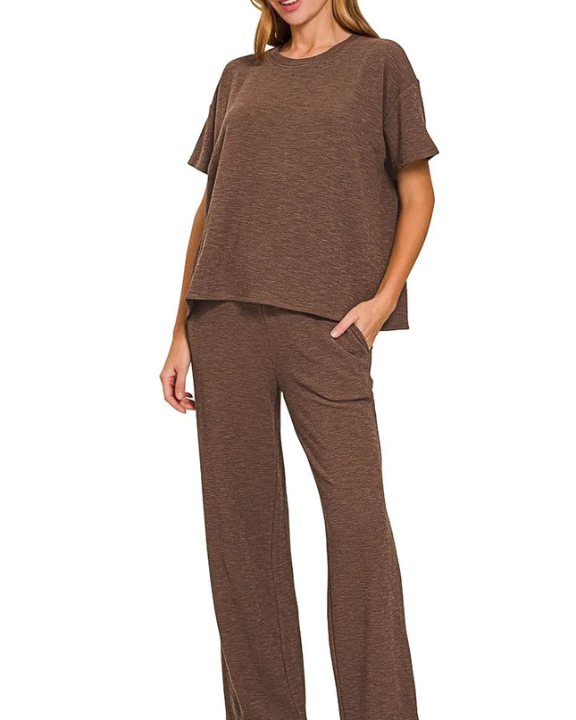 Zenana Slub Short Sleeve T-Shirt and Pants Set BROWN