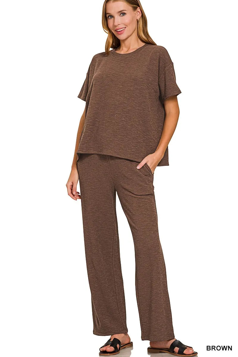 Zenana Slub Short Sleeve T-Shirt and Pants Set BROWN