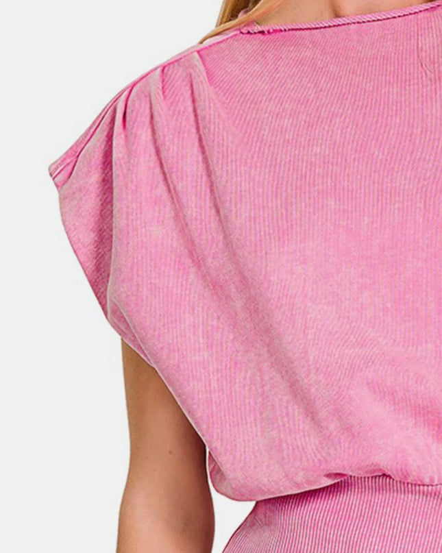 Zenana Washed Boat Neck Bottom Banded Dolman Sleeve Top