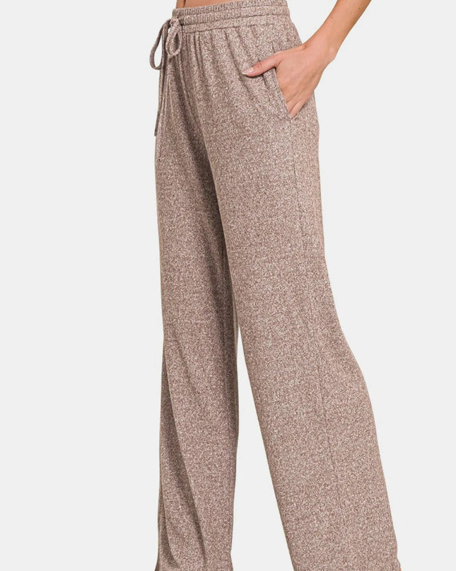 Zenana Drawstring Wide Leg Pants with Side Pockets Brown