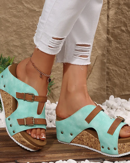 Double Buckle Platform Wedge Sandals 