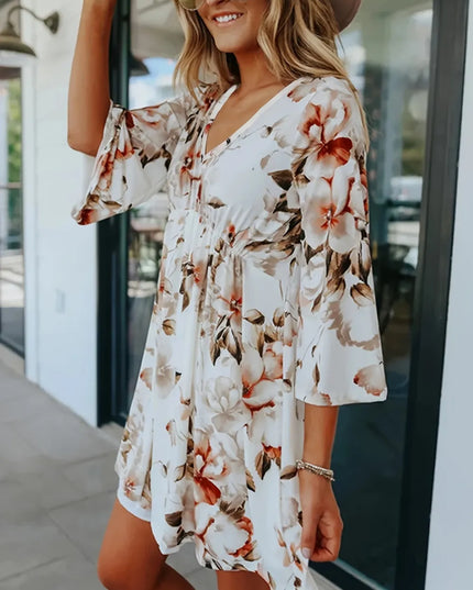 Floral V-Neck Three-Quarter Sleeve Mini Dress