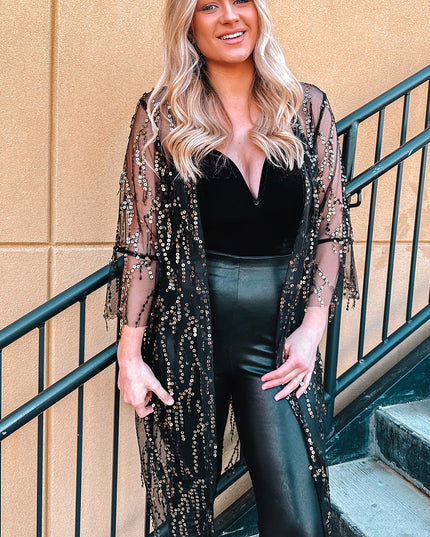 Sequin Open Front Sheer Cardigan Black