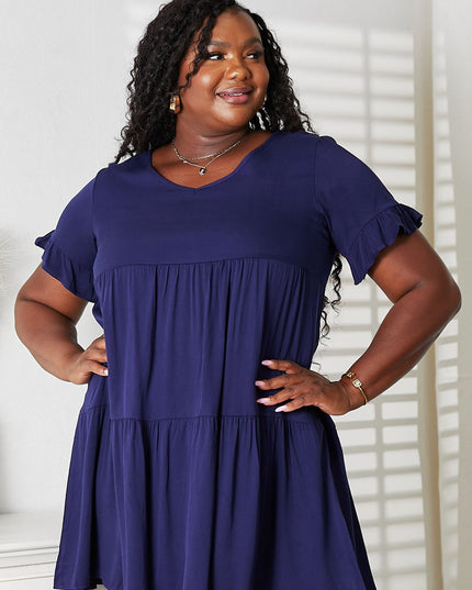 Mandy V-Neck Flounce Sleeve Tiered Dress Dark Blue