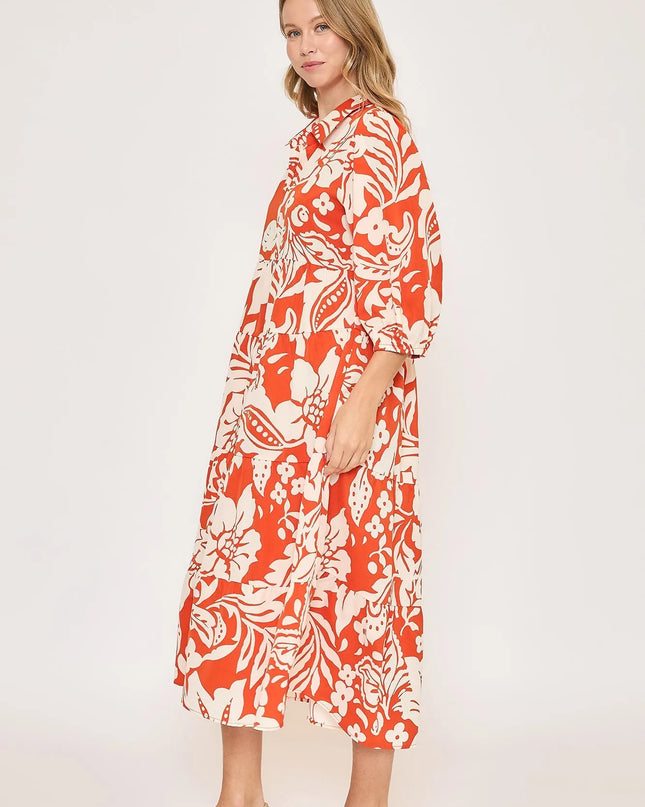 Umgee Floral Print Tiered Midi Dress