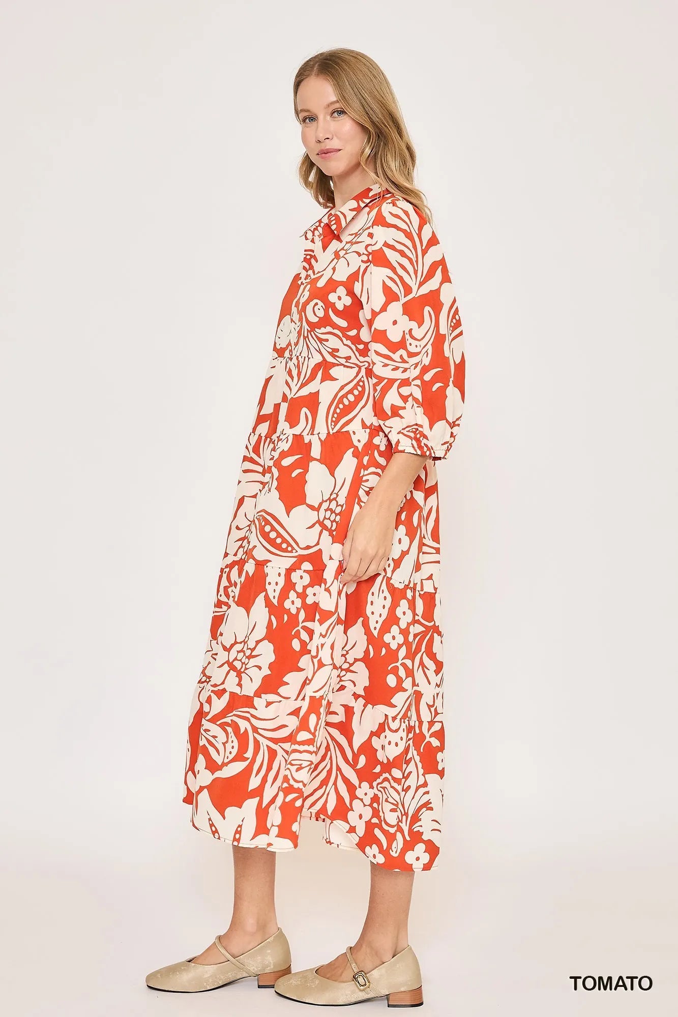 Umgee Floral Print Tiered Midi Dress