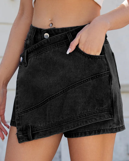 Asymmetrical Denim Skort with Pockets Black