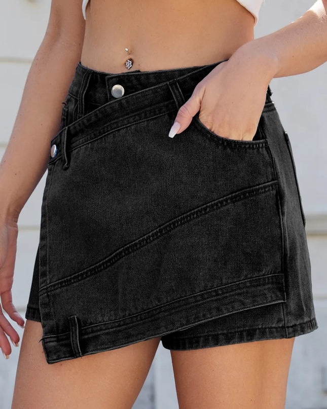 Asymmetrical Denim Skort with Pockets Black