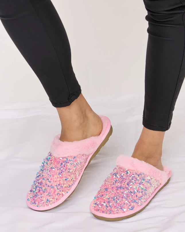 Forever Link Sequin Plush Round Toe Slippers