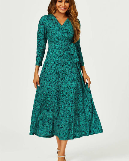 Green Leopard Print Wrap Top Midaxi Dress