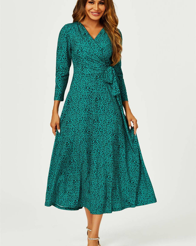 Green Leopard Print Wrap Top Midaxi Dress