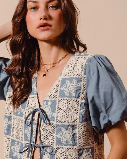 SO ME Crochet Lace Tie Front V Neck Blouse Top