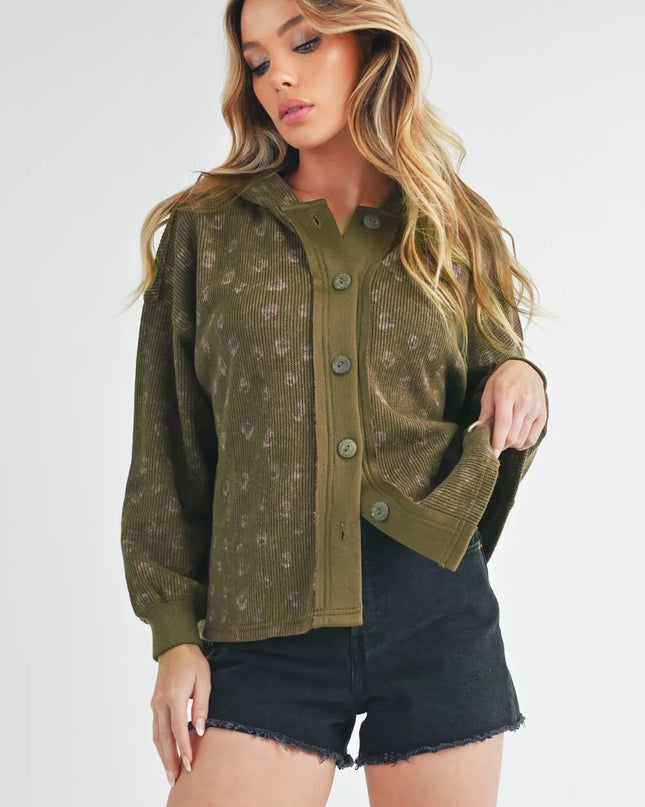 Aemi + Co Floral Button Up Hooded Jacket Olive