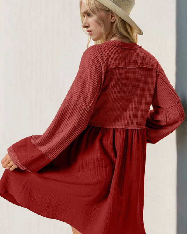 Double Take Waffle-Knit Contrast Half Button V-Neck Long Sleeve Mini Dress