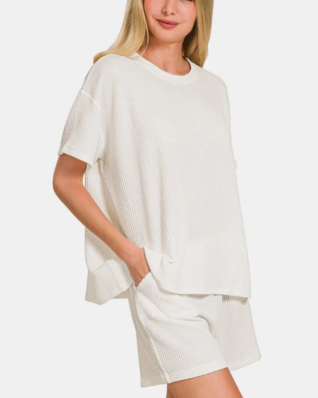 Zenana Rib Short Sleeve T-Shirt and Shorts Set