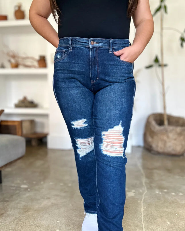 Judy Blue Full Size High Waist Rigid Magic Heavy Destroy Straight Jeans 