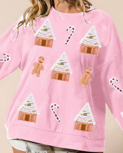 Christmas Gingerbread House Sequin Sweatshirt Pink