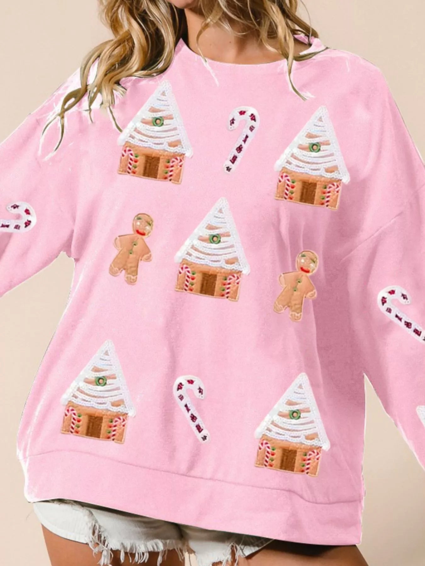 Christmas Gingerbread House Sequin Sweatshirt Pink