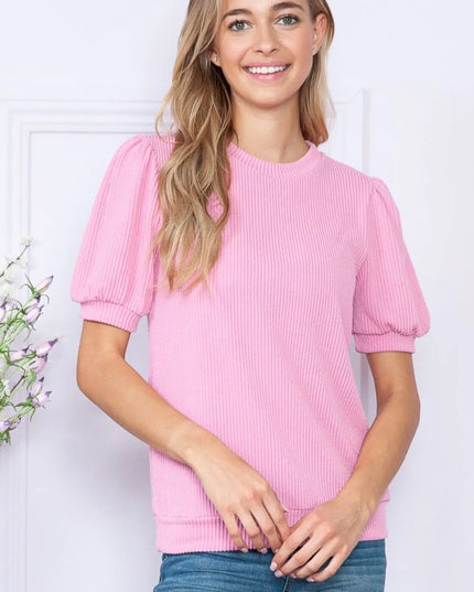 Reborn J Ribbed Round Neck Short Sleeve Top PINK