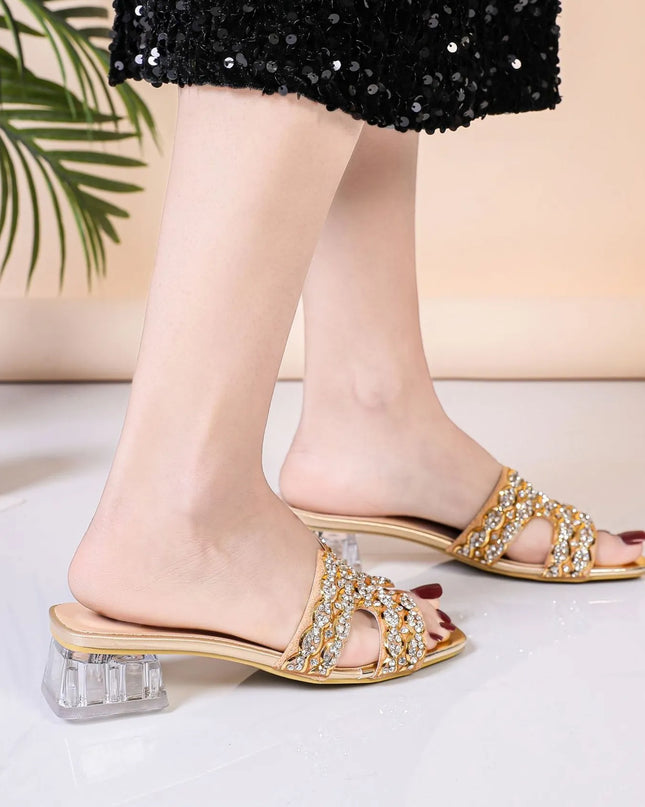Rhinestone Open Toe Block Heels Sandals 
