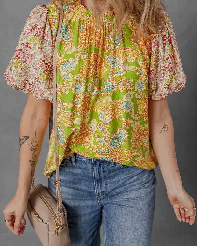 Multicolour Printed Contrast Bubble Sleeve Patchwork Blouse