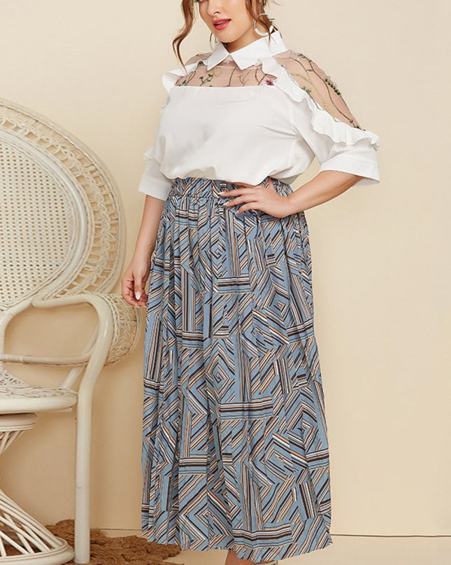 Plus Size Embroidered Ruffle Trim Collared Half Sleeve Blouse