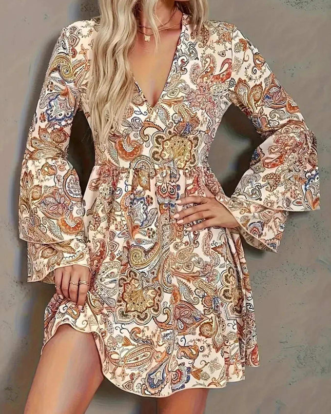 Paisley Print Bell Sleeve Mini Dress Orange