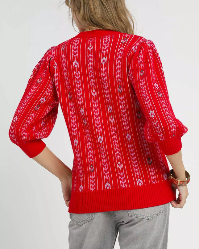 Umgee Jacquard Knit Puff Sleeve Sweater