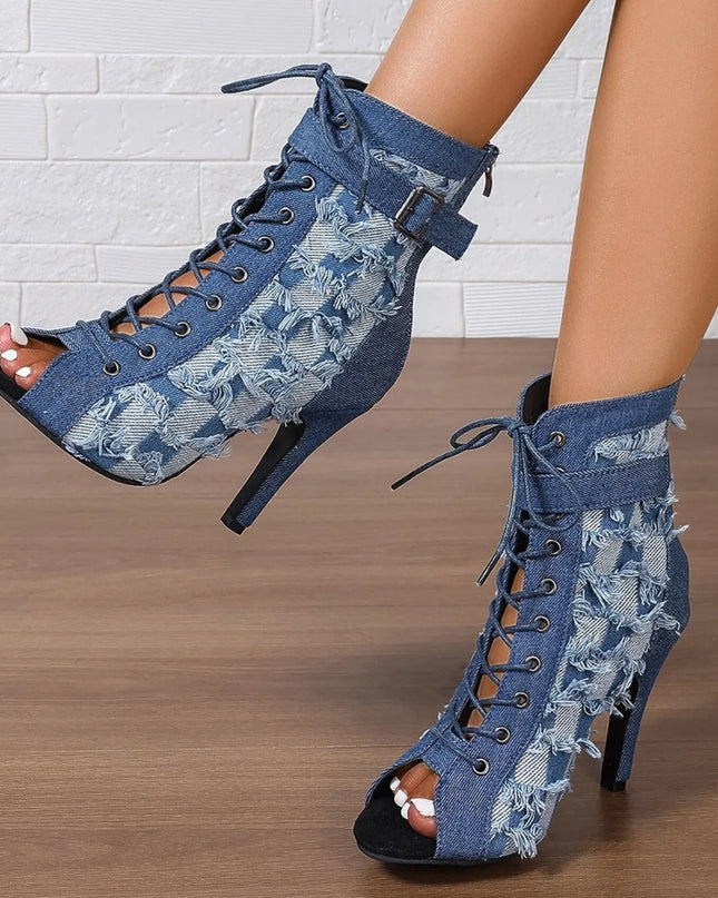 Distressed Denim Lace-Up Peep Toe Ankle Boots 