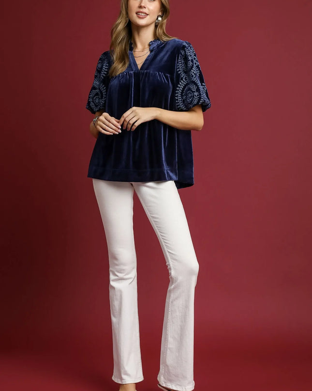 Umgee Full Size Velvet Embroidered Sleeve Blouse Plus Size