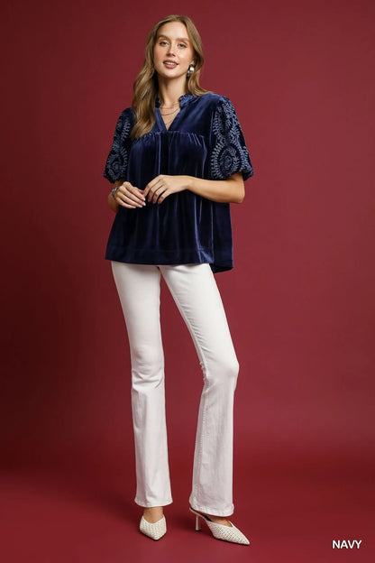 Umgee Full Size Velvet Embroidered Sleeve Blouse Plus Size