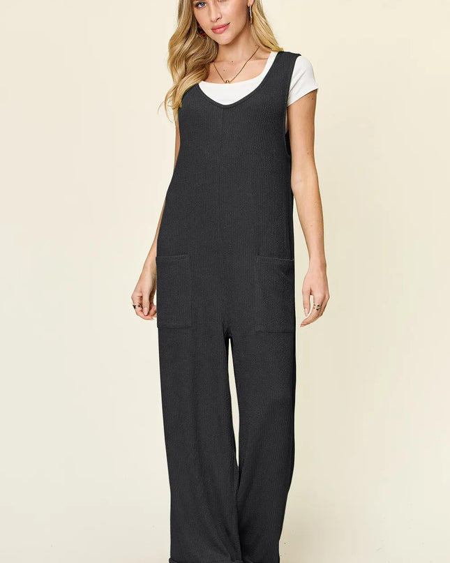 Double Take Full Size Texture Sleeveless Wide Leg Jumpsuit Black