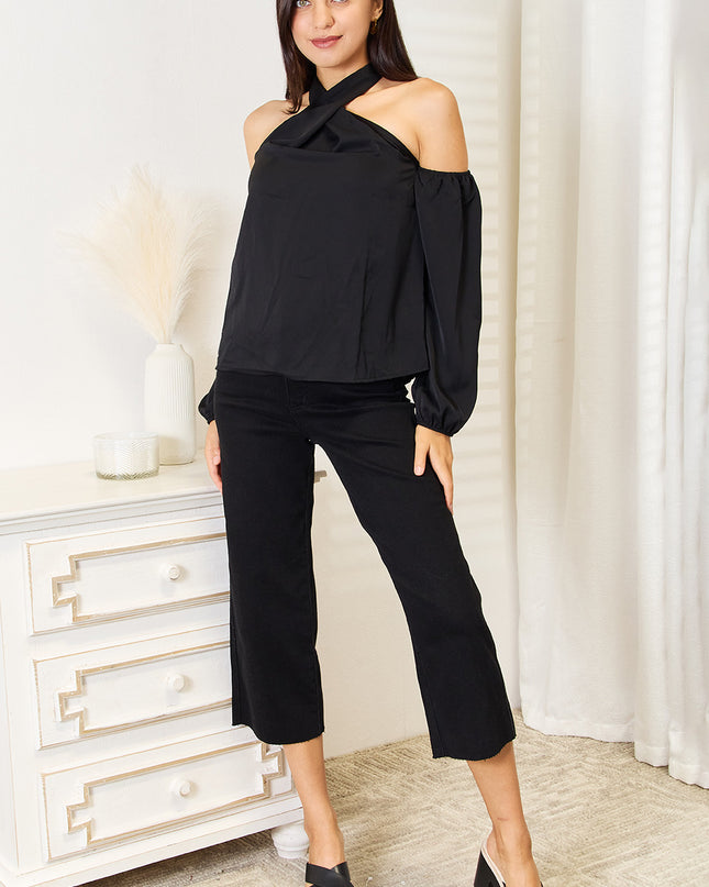 Perfee Grecian Cold Shoulder Long Sleeve Blouse