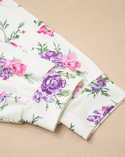 Floral Print Round Neck Top and Drawstring Pants Lounge Set